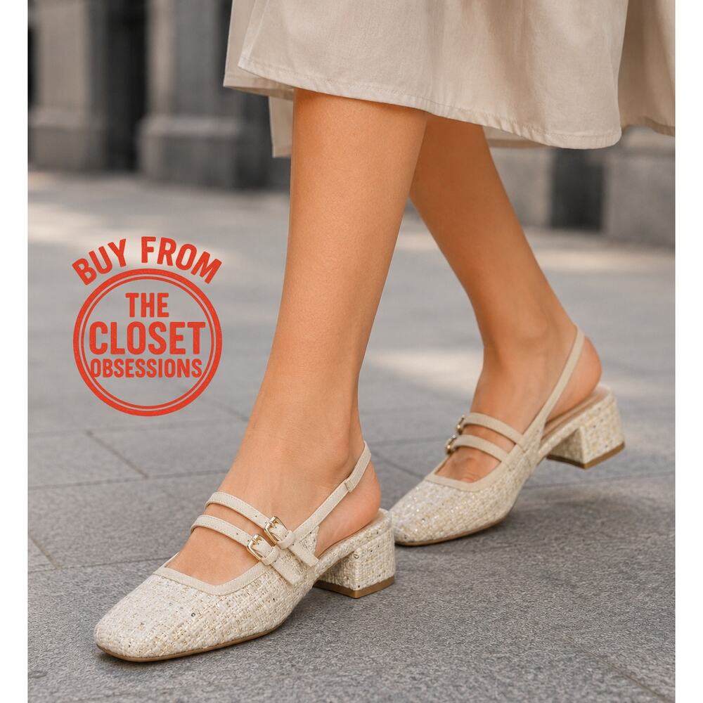Zara NWT Cream Tweed Mary Jane Slingback Block Heels 7.5